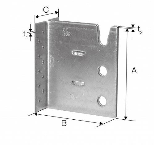 Metallhalterung mit drei beschrifteten Abmessungen: 'A', 'B', 'C'. Zwei Dicken: 't1' und 't2'. Mit Bohrungen und einer Ausnehmung.