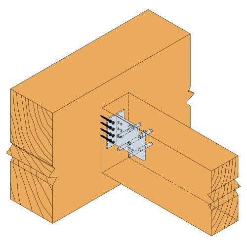 Eine Verbindung von zwei Holzbalken mit einer Metallklammer und Bolzen verstärkt die Fuge und verdeutlicht die strukturelle Unterstützung in der Zimmerei.
