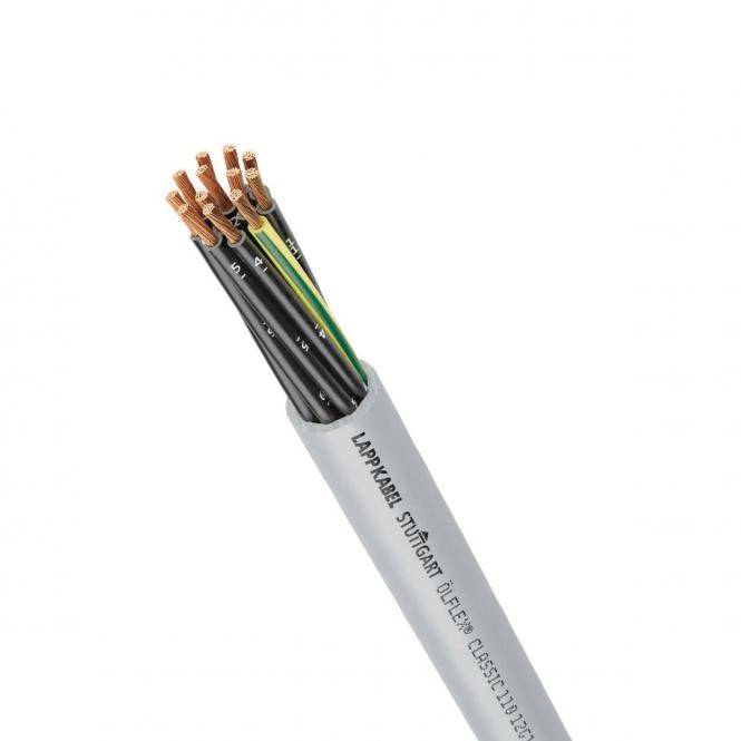 Bündel abisolierter elektrischer Drähte, die aus einer grauen Kabelummantelung hervorkommen und schwarze, grüne und gelbe Leiter mit Kupferendigungen zeigen.