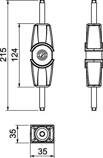 Eine technische Zeichnung eines Steckers, mit Seiten- und Frontansicht. Maße angegeben: 215 mm Höhe, 124 mm Breite.