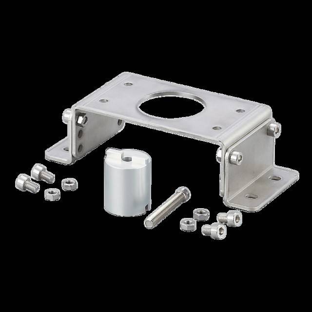 Eine Metallhalterung mit mehreren Löchern, versehen mit Schrauben und einer zylindrischen Komponente, wahrscheinlich für eine mechanische Montage.