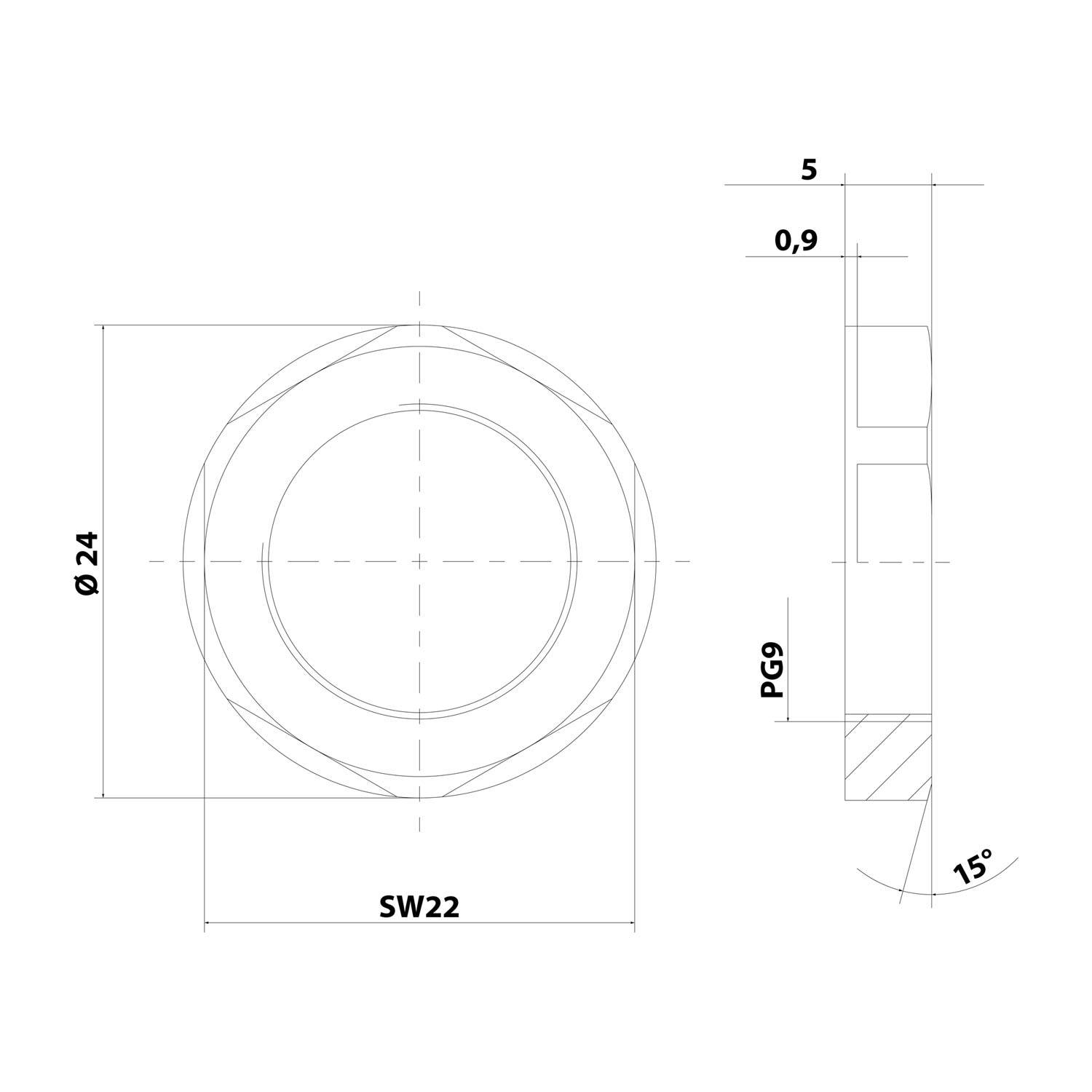 Abmessungen der Rundichtung: Außendurchmesser 24 mm, Breite 5 mm, inneres flaches Segment 0,9 mm, Seitenwinkel und Nutendetails wie dargestellt.