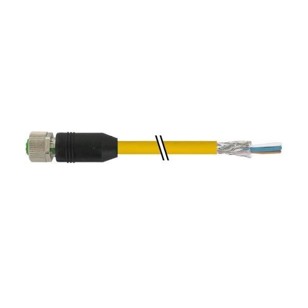 Gelbes Kabel mit einem schwarzen Stecker auf der linken Seite und abgelöstem silbernen Schirmgeflecht mit freigelegten inneren Drähten auf der rechten Seite.