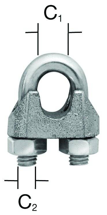 Eine U-Bügel-Drahtseilschelle mit metallischer Oberfläche, die zwei gesicherte Muttern an der Basis zeigt.