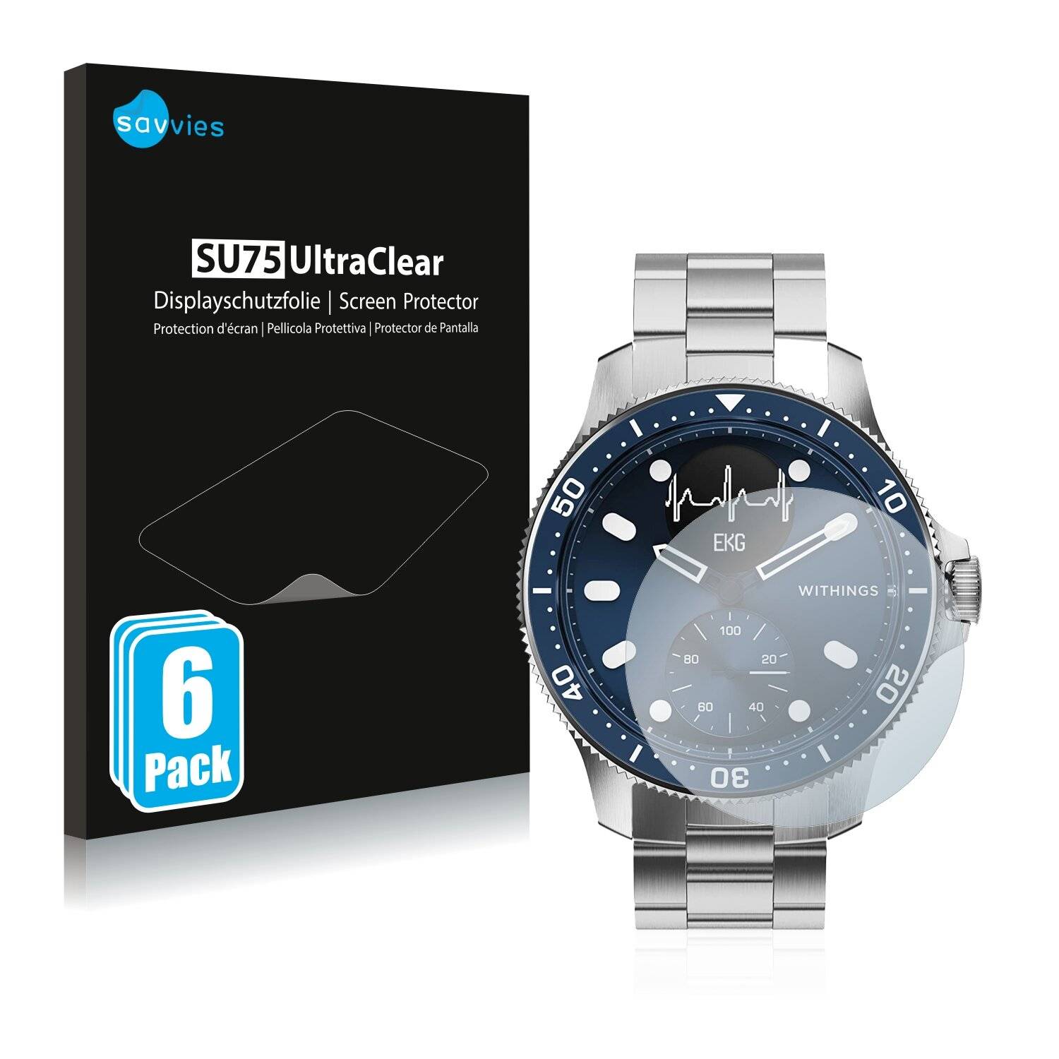 6x Savvies SU75 Displayschutzfolie für Withings ScanWatch Horizon (43