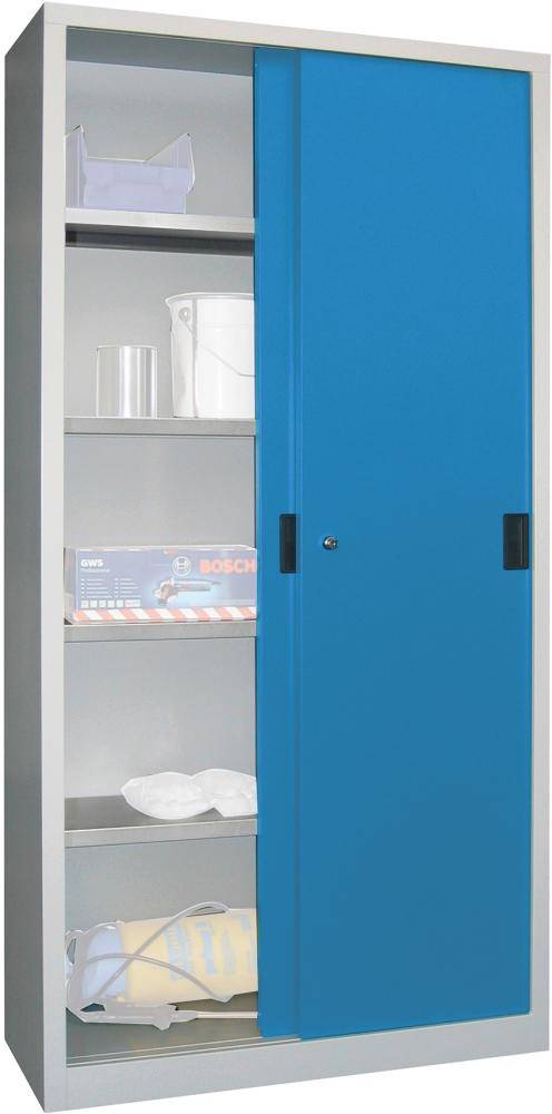 Schiebetürenschrank B1000xT500xH1950 mm 4 Böden verzinkt RAL 7035/5012 - Artikel: 7830354115