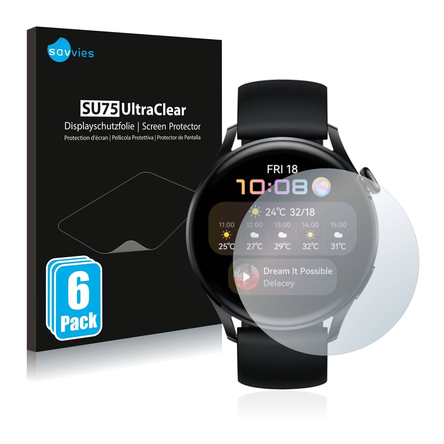 6x Savvies SU75 Displayschutzfolie für Huawei Watch