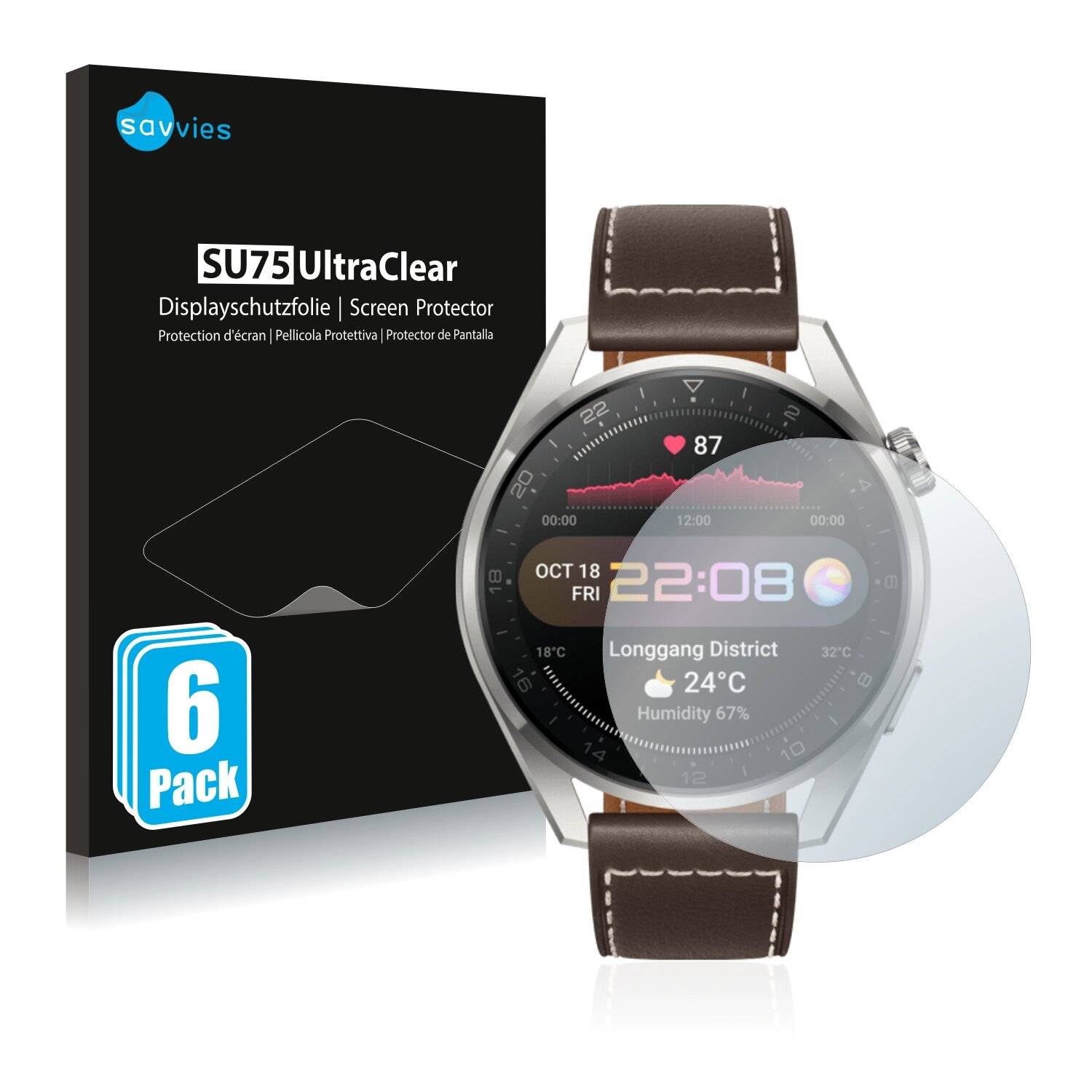 6x Savvies SU75 Displayschutzfolie für Huawei Watch 3