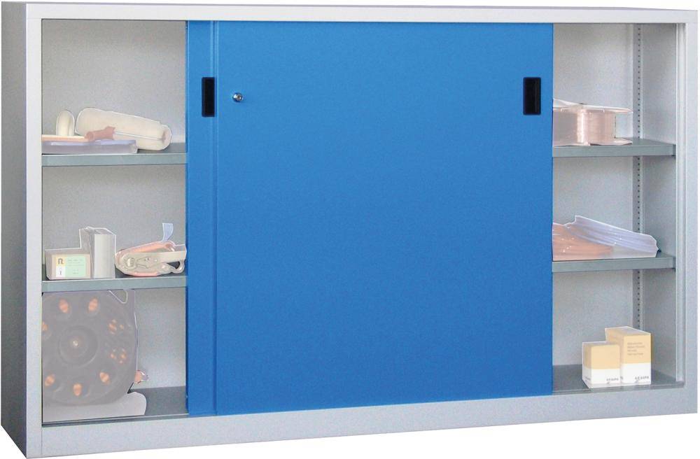 Schiebetürenschrank B2000xT500xH1000 mm 4 Böden verz. Mittelwand RAL 7035/5012 - Artikel: 7830354175