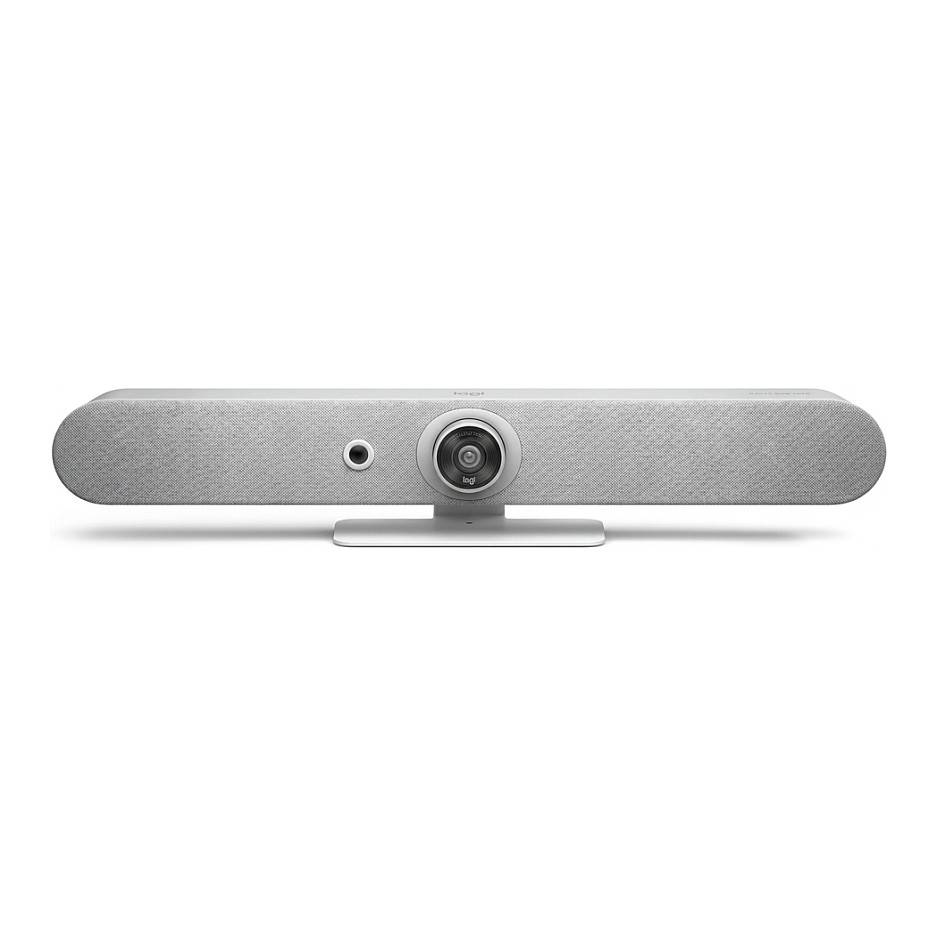 Grauer Videkonferenz-Soundbar mit Frontkamera und zentrierter Kameralinse und Mikrofon auf einem kleinen Ständer vor weißem Hintergrund.