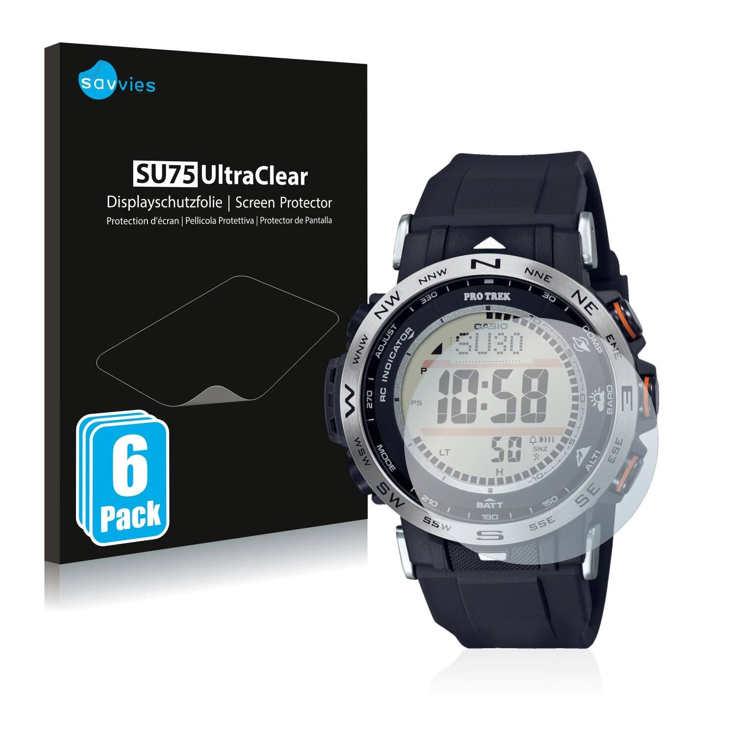 6x Savvies SU75 Displayschutzfolie für Casio Pro Trek
