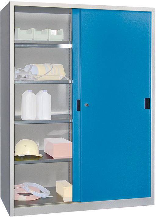 Schiebetürenschrank B1500xT600xH1950 mm 8 Böden verz. Mittelwand RAL 7035/5012 - Artikel: 7830354131