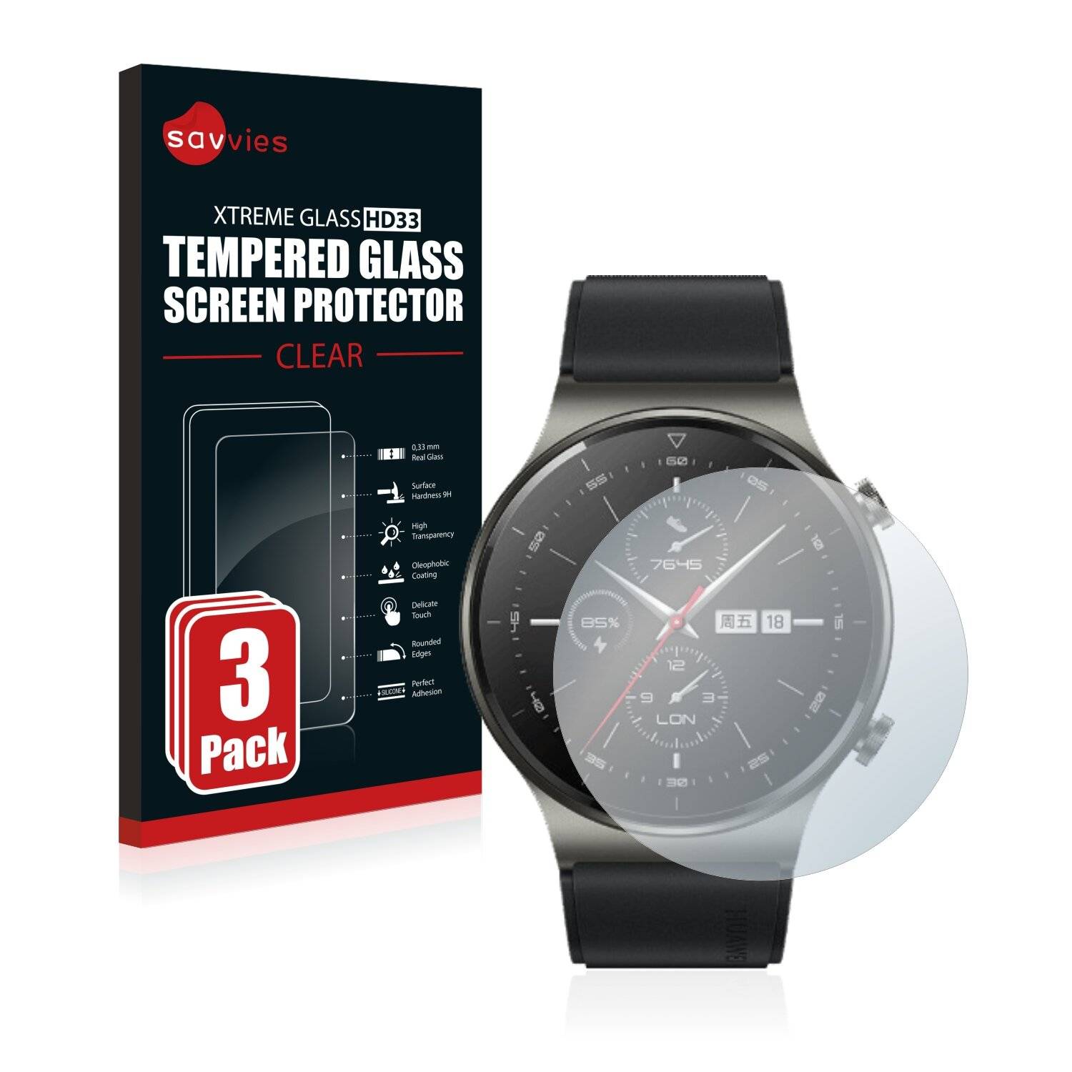 3x Savvies HD33 Clear Schutzglas für Huawei Watch GT 2 Pro