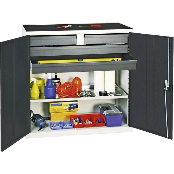 Stumpf Werkzeug- und Materialschrank Serie 3000 lichtgrau / anthrazitgrau + 2 Schubladen 100 mm + 2 Schubladen 100 mm durchgehend + 1 Auszugsboden Stumpf Werkzeug- und Materialschrank Serie 3000 lichtgrau / anthrazitgrau + 2 Schubladen 100 mm + 2 Schubladen 100 mm durchgehend + 1 Auszugsboden