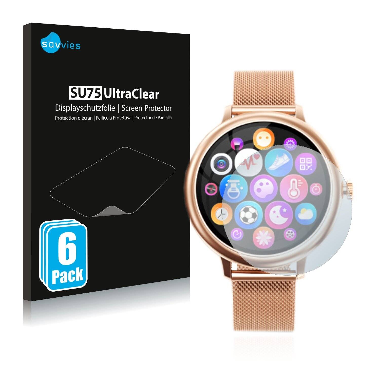 6x Savvies SU75 Displayschutzfolie für Naixues Women's Smartwatch
