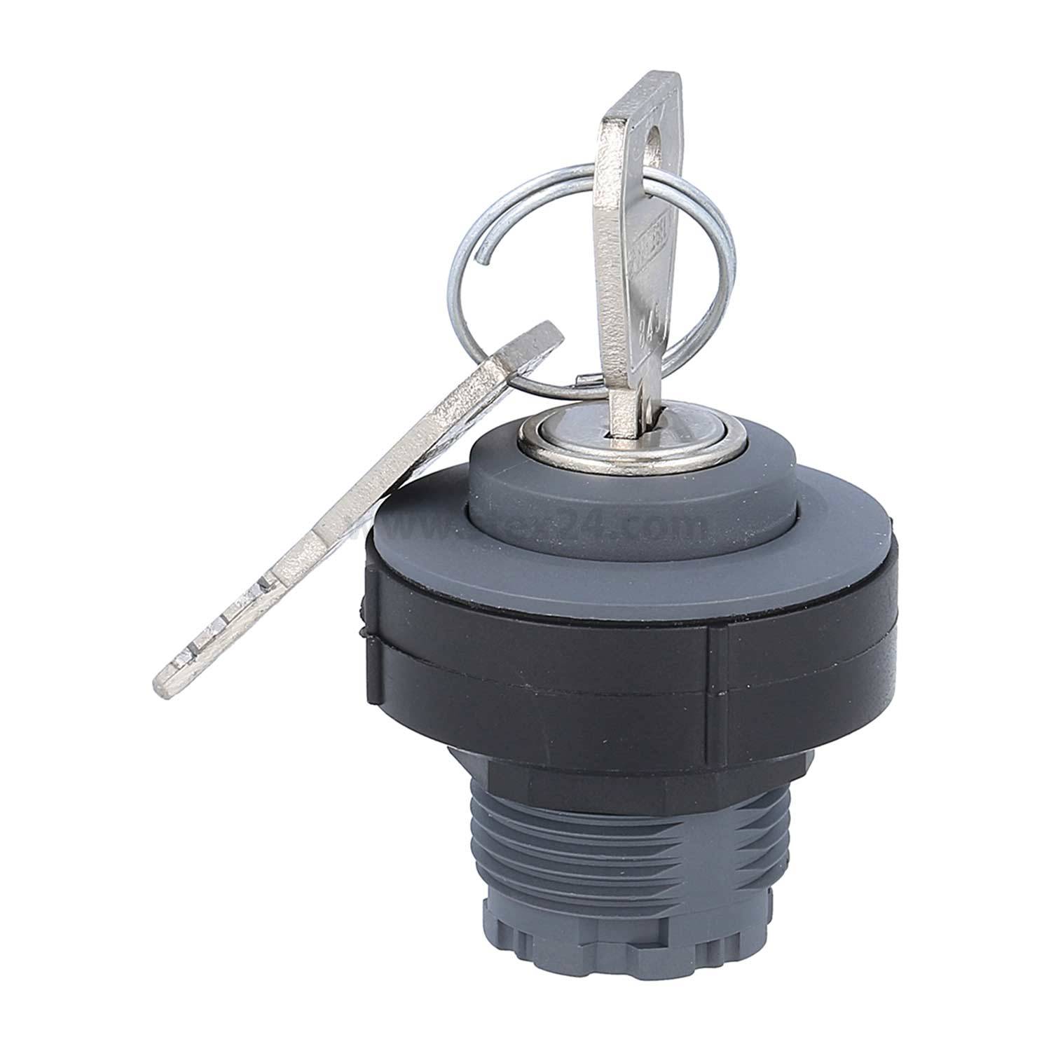 Ein Metallschlüssel, der in einen grauen, kreisförmigen Verschlussmechanismus eingeführt wird, mit einem Ring am Schlüssel.