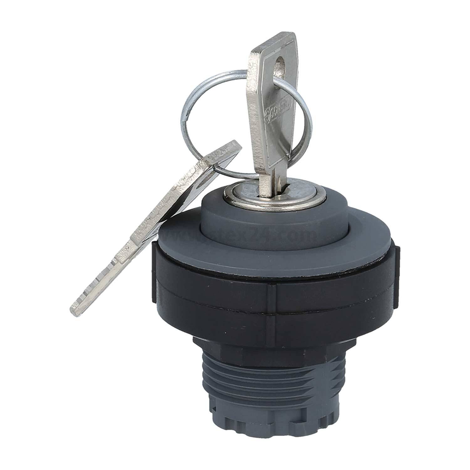 Ein rundes Sicherheitsschloss mit zwei an einem Ring befestigten Schlüsseln, das eine detaillierte Ansicht des Verschlussmechanismus zeigt.