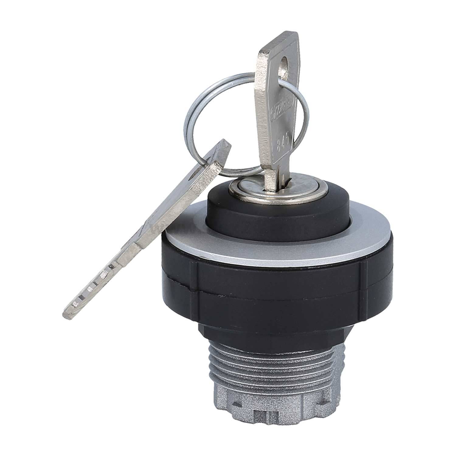 Ein Metallschloss-Zylinder mit zwei eingelegten Schlüsseln, der ein schwarz-silbernes Design aufweist.