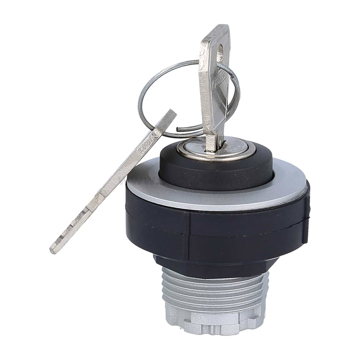 Industrieller Not-Aus-Schalter mit Schlüsselmechanismus, aus Metall- und Kunststoffkomponenten, entwickelt für Maschinensicherheitsoperationen.