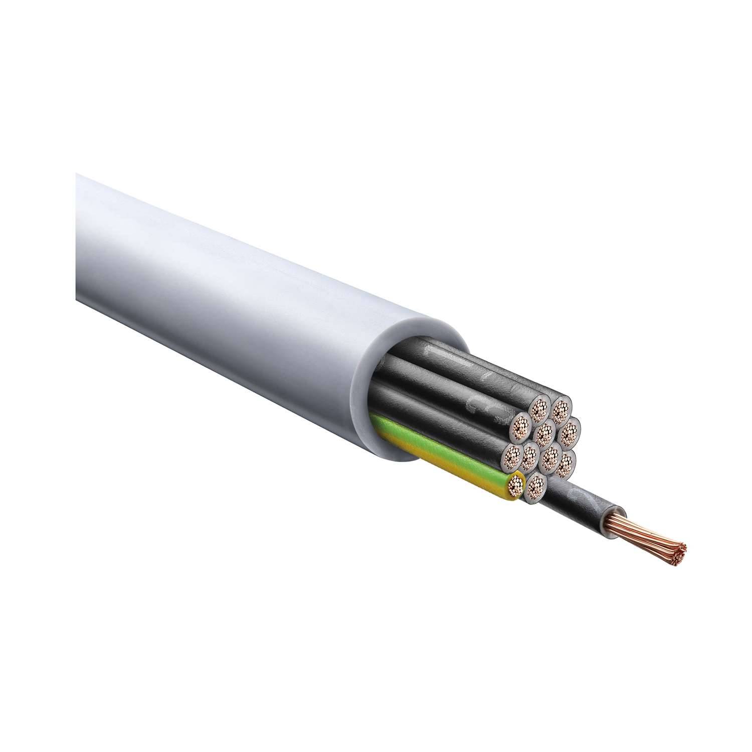 Eine Querschnittsansicht eines mehraderigen Elektrokabels mit einer weißen Außenschicht, die Kupferleiter und farbige Isolierung zeigt.