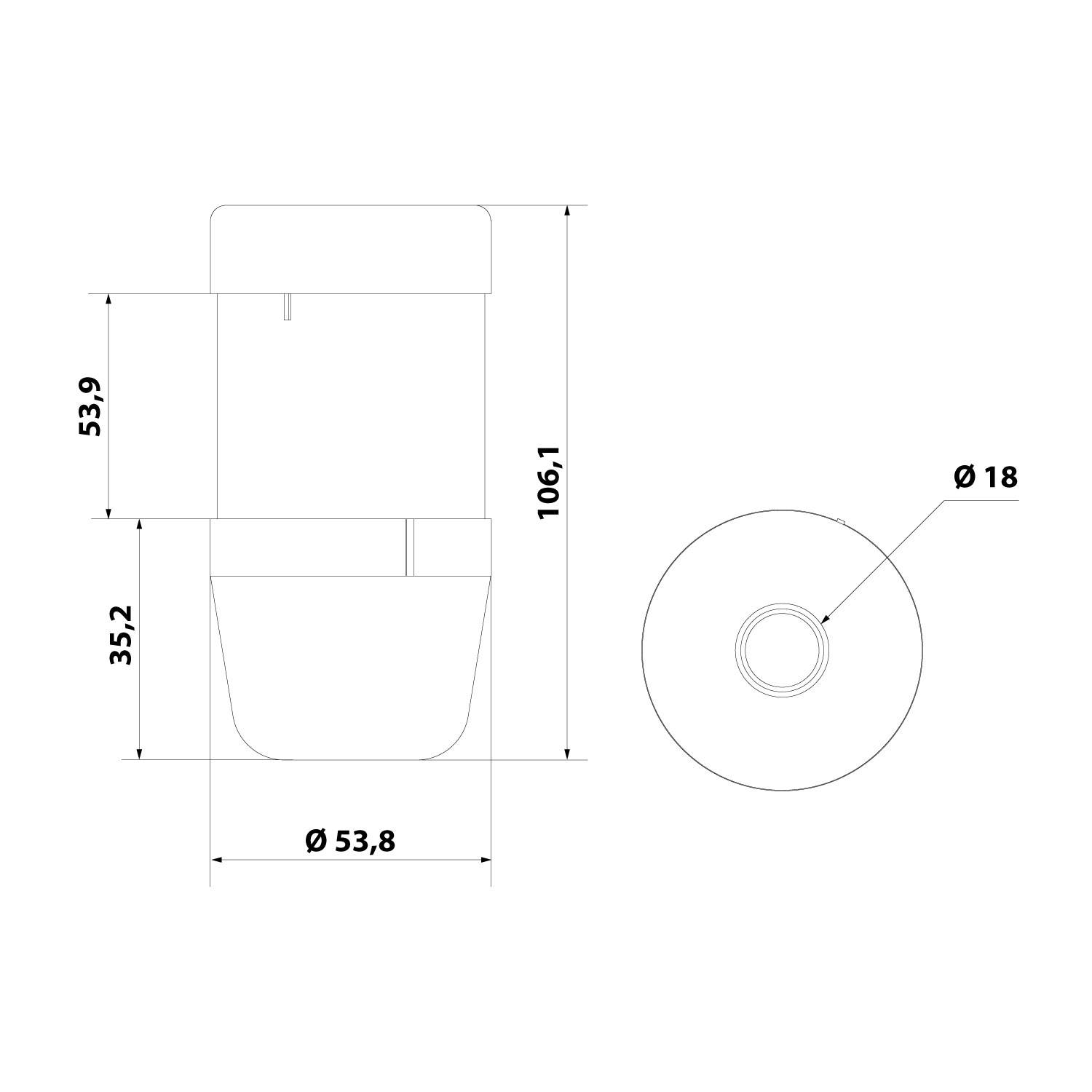 Technische Zeichnung eines zylindrischen Objekts mit einer Höhe von 106,1 mm, einem Durchmesser von 53,8 mm und einer Draufsicht, die einen kleineren zentralen Kreis mit einem Durchmesser von 18 mm zeigt.