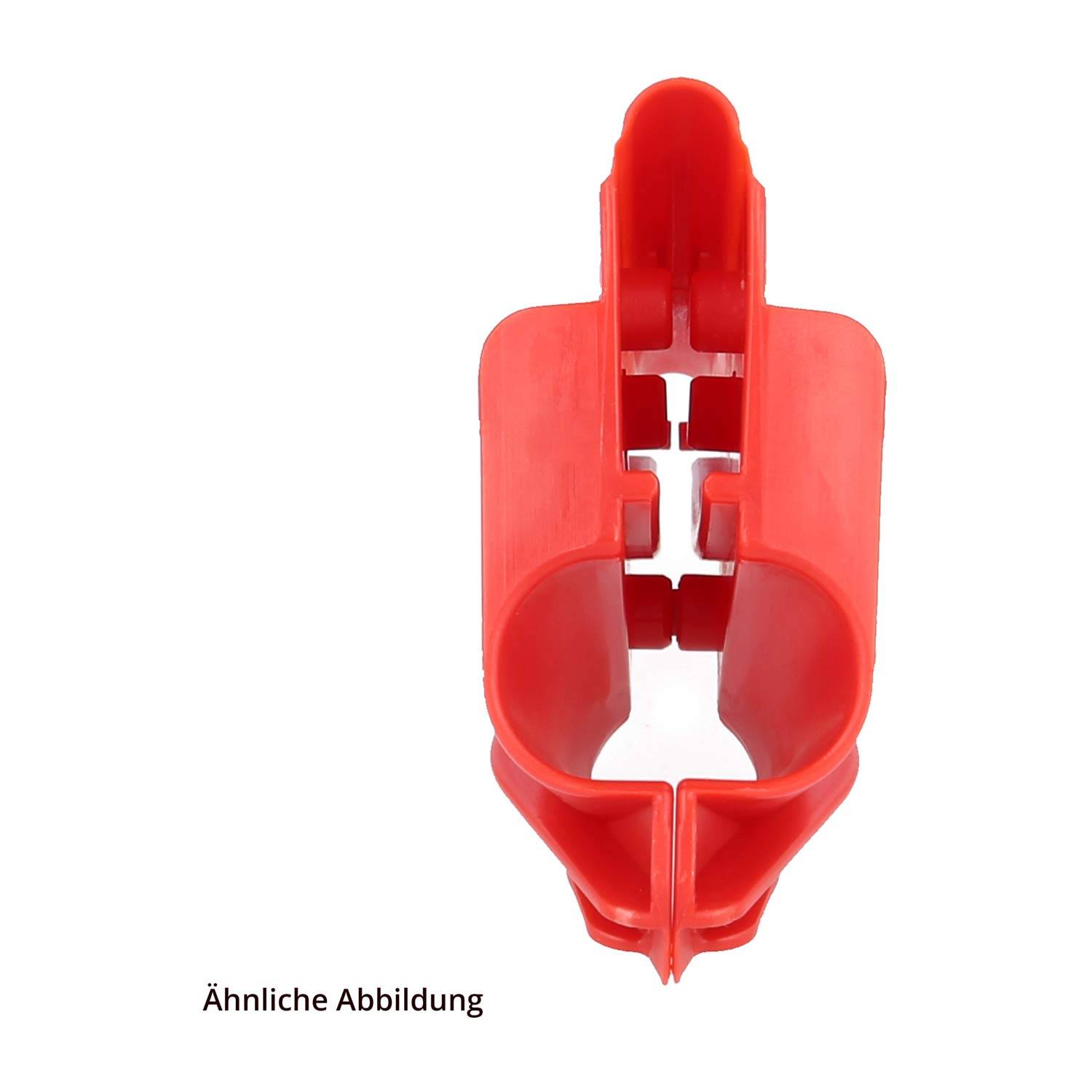 Ein roter Plastikhalter, der einen Weinglas-Stiel sicher an seinem Platz hält, in aufrechter Position mit einer Öffnung für den Stiel.