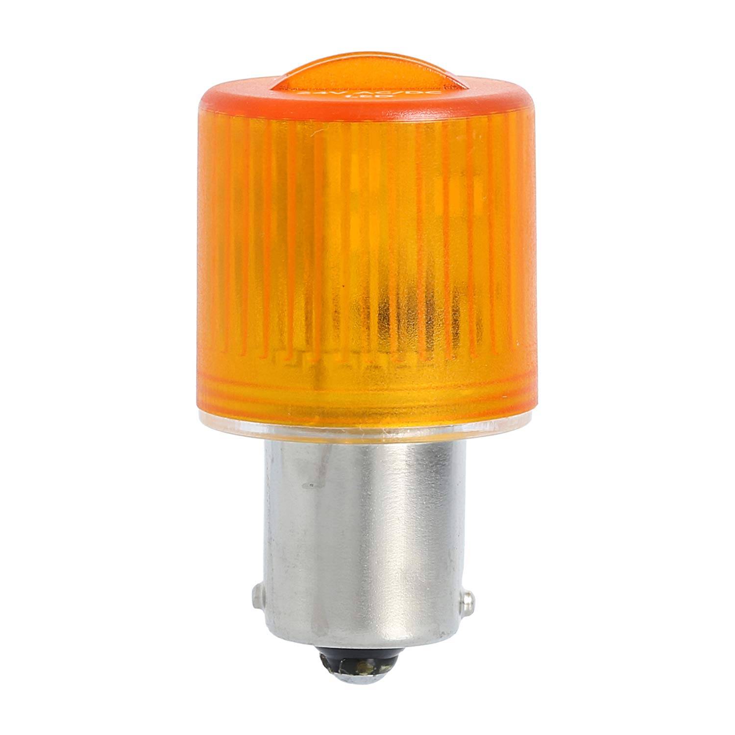 Eine orange LED-Glühbirne mit silberner Basis, die üblicherweise als Fahrzeug-Blinkleuchte oder dekorative Beleuchtung verwendet wird.
