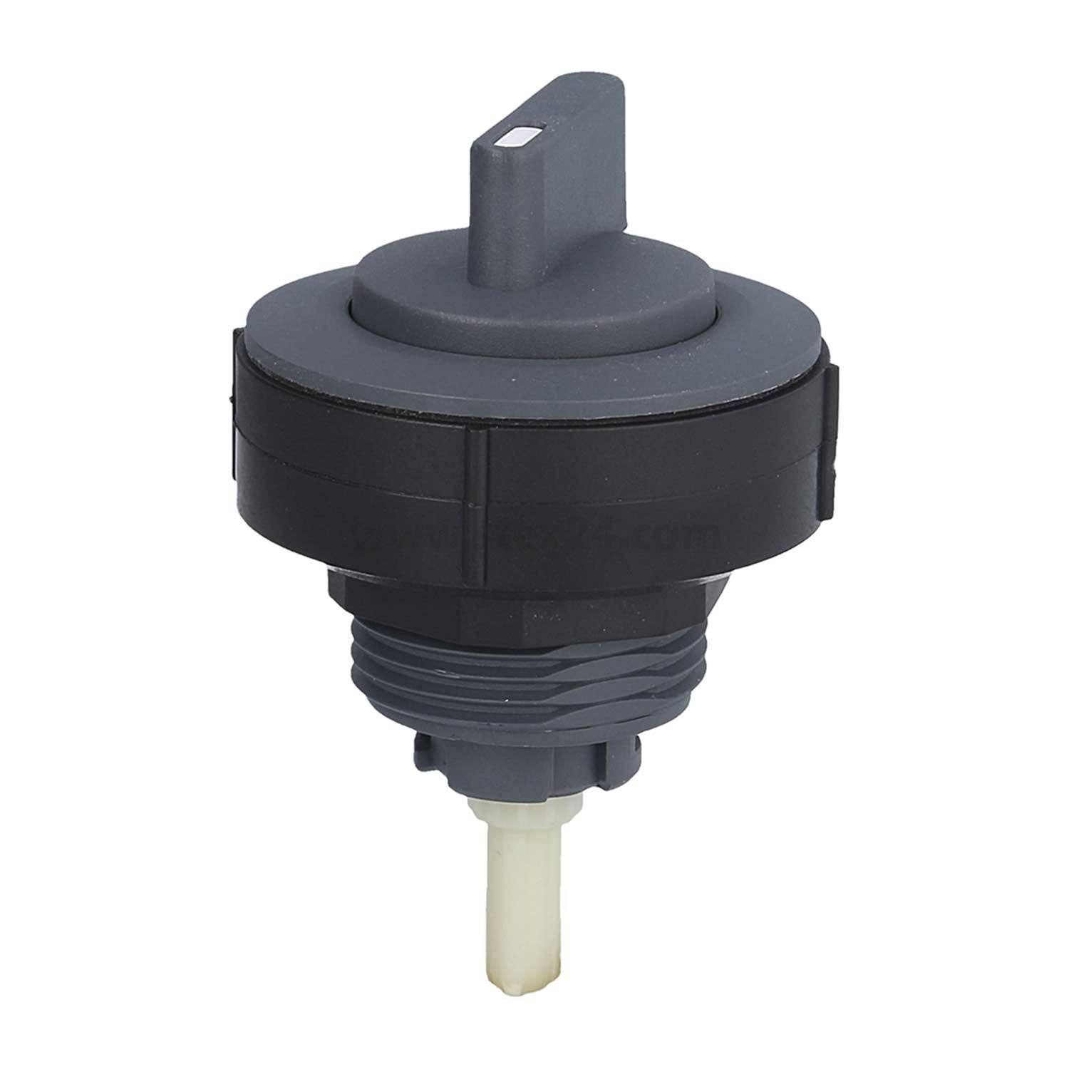 Ein schwarzer Drehschalter mit einem zentralen Knopf, ausgestattet mit einer weißen Markierungslinie, der zur Steuerung elektrischer Geräte verwendet wird.