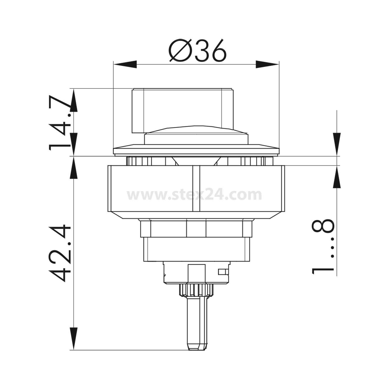 Technische Zeichnung einer Komponente mit Abmessungen: Durchmesser 36, Höhe 42,4, Seitenbreite 14,7 und weitere Merkmale für die Montage beschriftet.