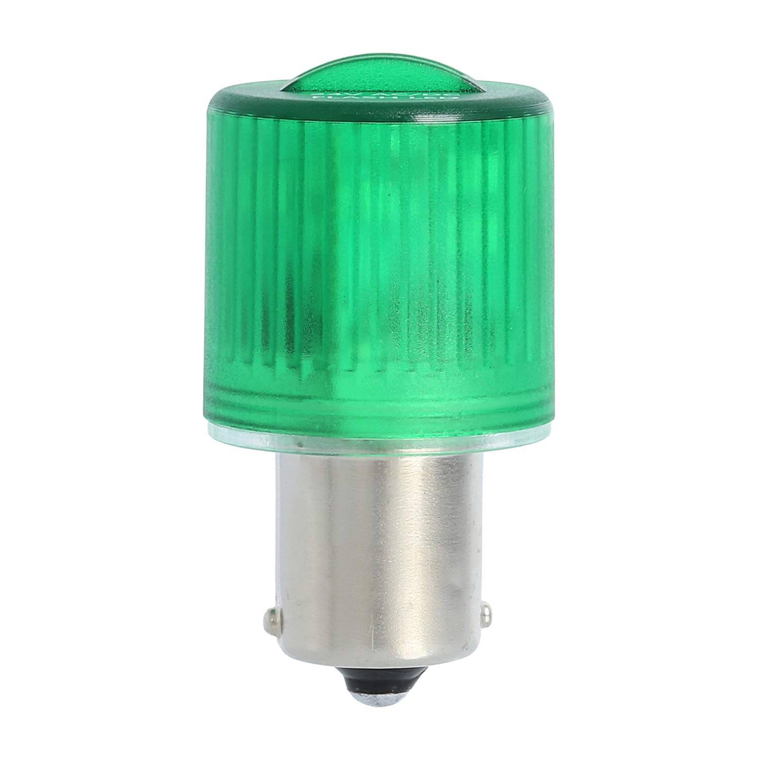 Eine kleine grüne LED-Anzeigelampe mit metallischer Basis, die in elektronischen Geräten für Signalisierungsfunktionen verwendet wird.