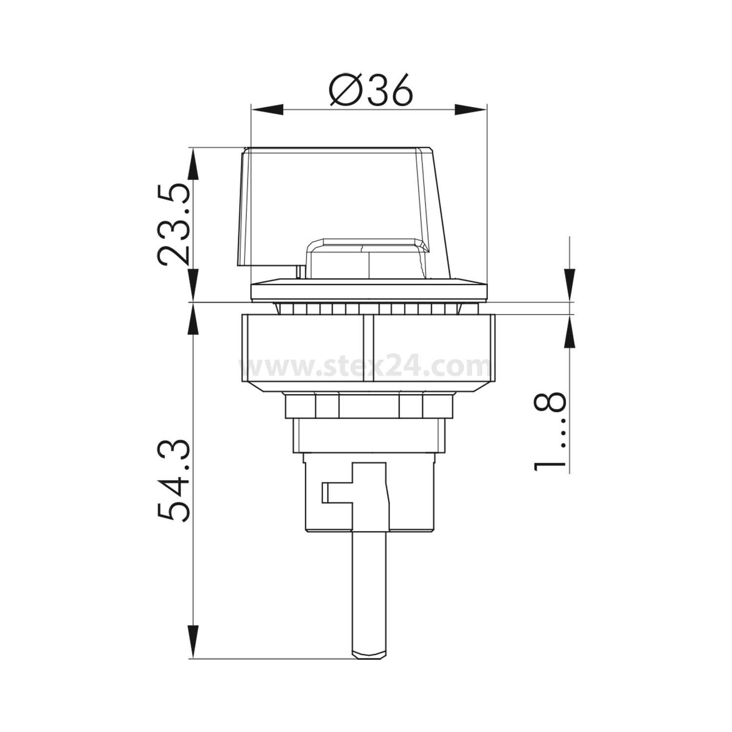 Schaltplan eines Drucktastenschalters mit Abmessungen: 36 mm Durchmesser, 54,3 mm Höhe und 23,5 mm Höhe des Tastenkopfs. Zeigt Einbautiefe als verstellbar.