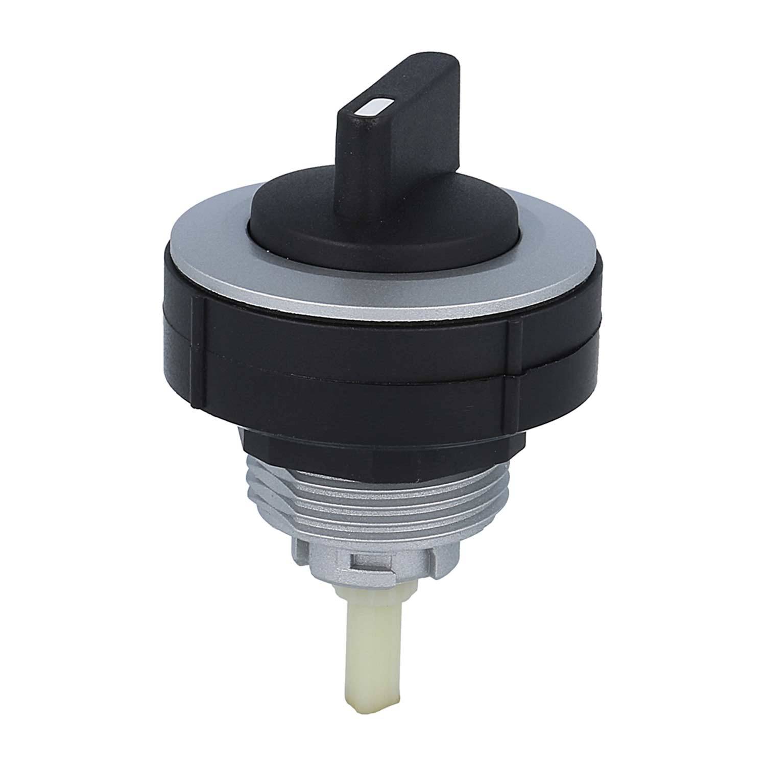 Ein schwarzer und silberner Drehschalter mit vertikalem Knopf und Gewindesockel, geeignet für die Montage in elektronischen Geräten.