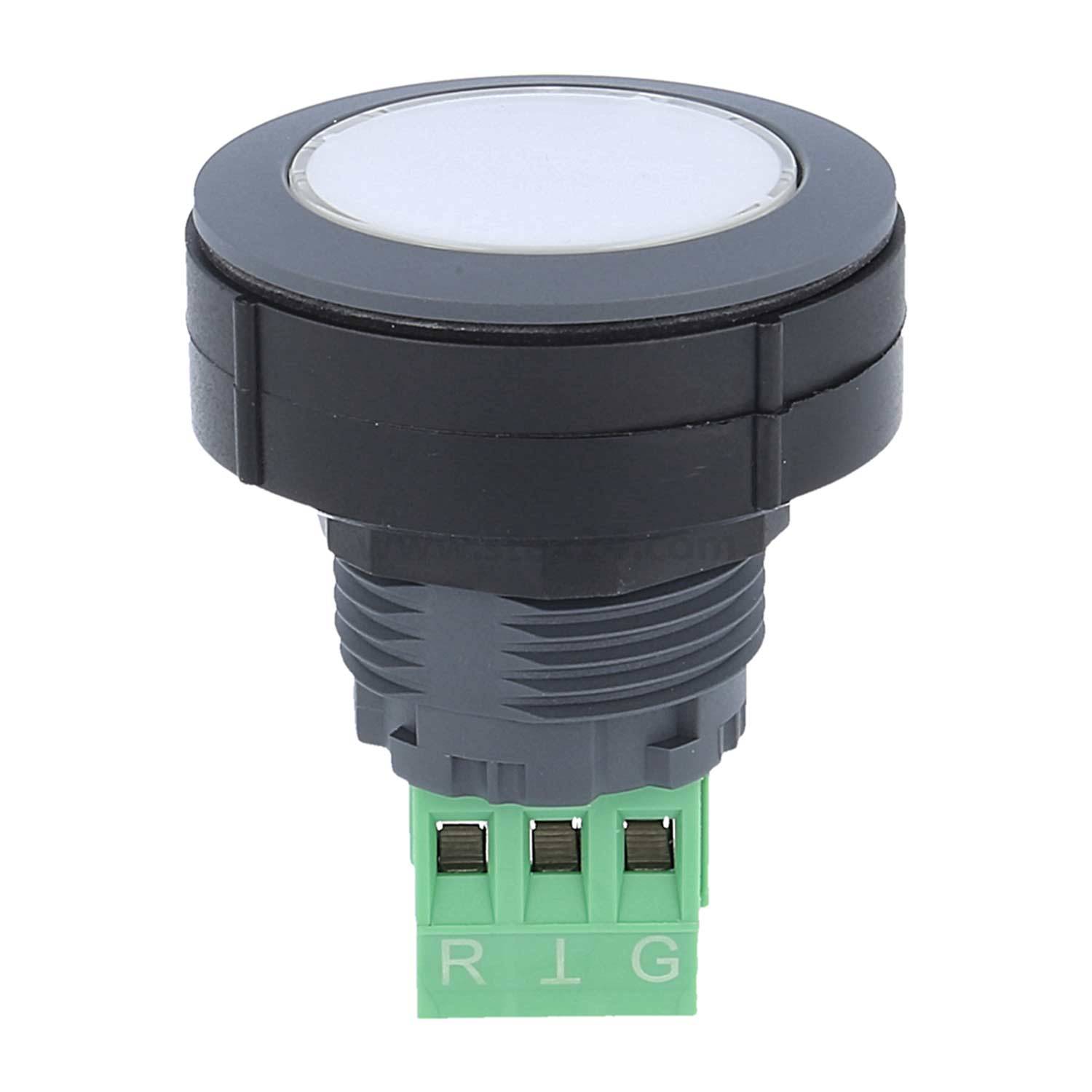 Ein rundes, schwarz-weißes beleuchtetes Drucktaster-Schalter mit grünen Anschlüssen, beschriftet mit ‚R', ‚L' und ‚G'.
