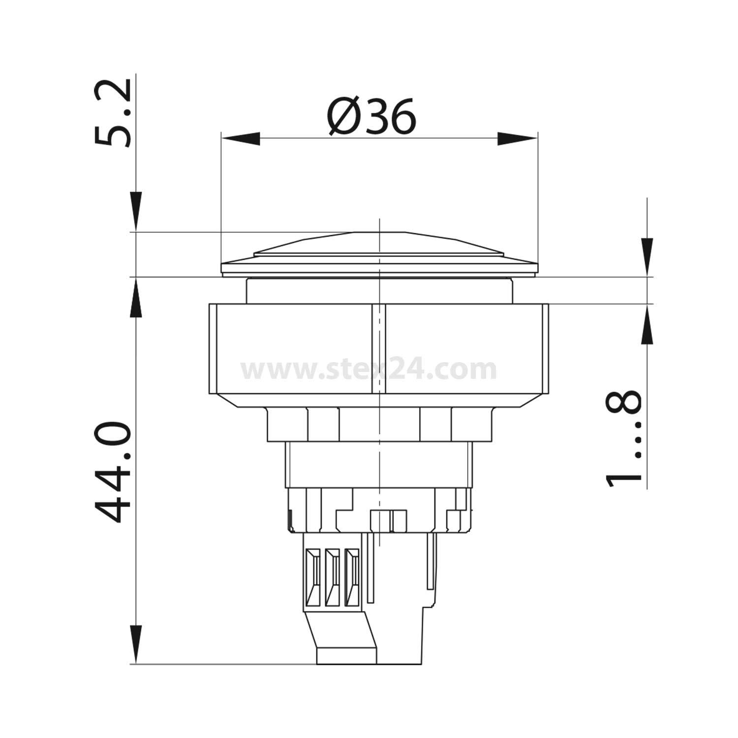 Technische Zeichnung eines kreisrunden Druckknopfs mit einem Durchmesser von 36 mm, Gesamthöhe von 44 mm und Ausfahrbereich von 1-8 mm.