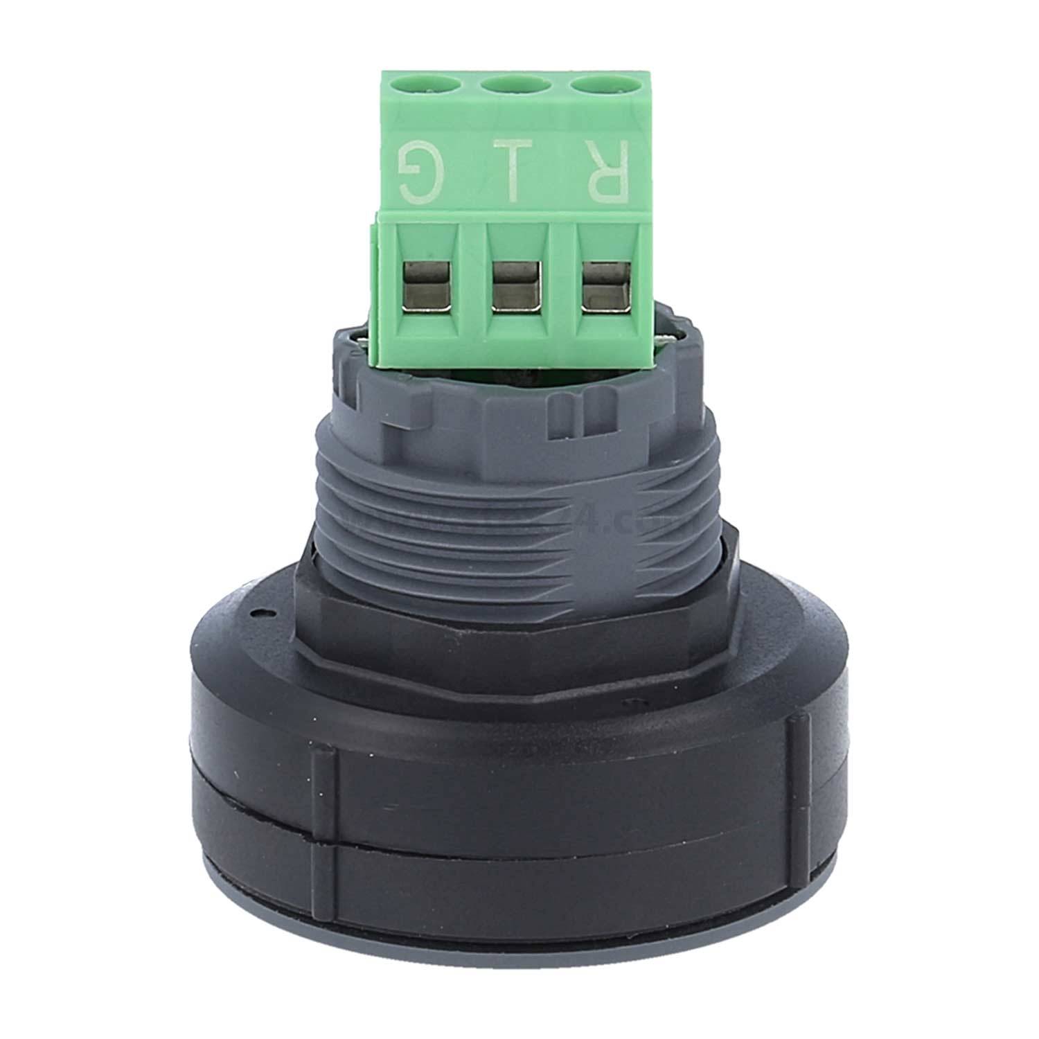 Ein schwarzer, gewindeter elektrischer Anschlussblock mit einem grünen Klemmblock mit den Beschriftungen 'R', 'T' und 'G' an der Oberseite, geeignet für die Montage auf einer Tafel.