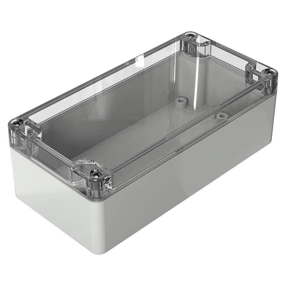 Ein rechteckiges, wasserdichtes Kunststoffgehäuse mit transparentem Deckel, das zum Schutz von elektronischen Bauteilen vor Feuchtigkeit und Staub entwickelt wurde.