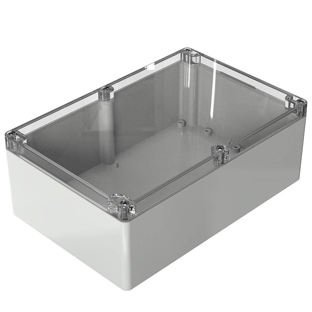 Ein transparentes rechteckiges Gehäuse mit einem durchsichtigen Deckel und einer weißen Basis, geeignet zum Unterbringen von elektronischen Bauteilen.