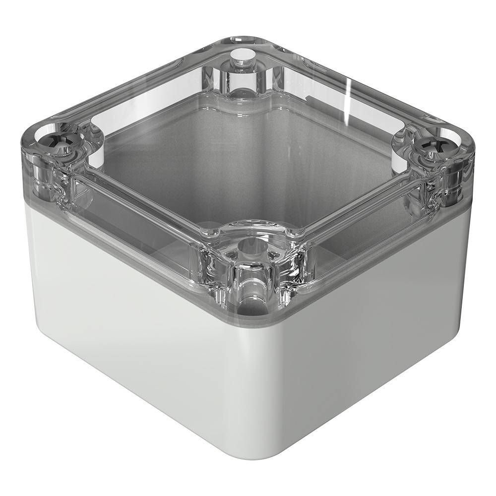 Ein kleiner, weißer, quadratischer Plastikbehälter mit einem transparenten Deckel, der den Innenraum sichtbar macht.