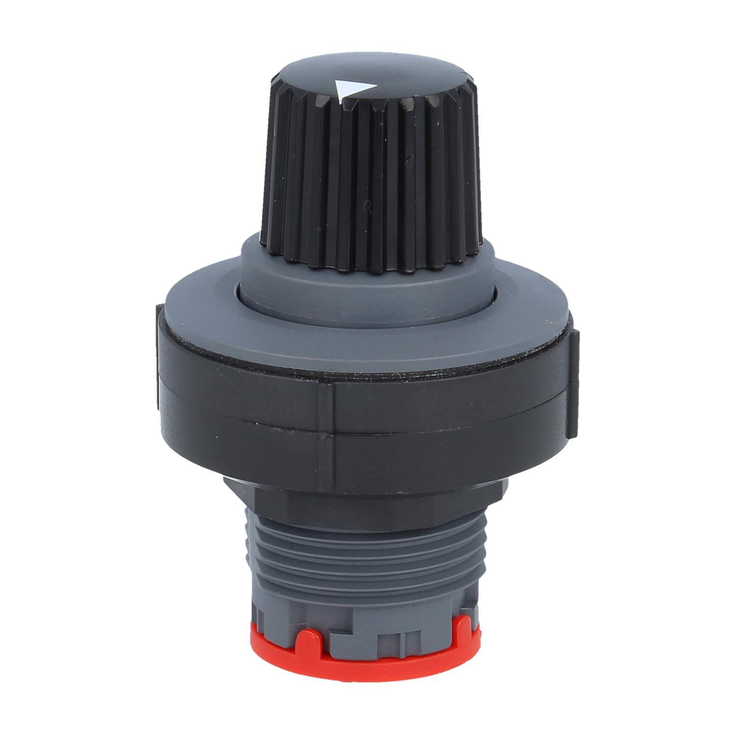 Schwarzes und graues industrielles Druckventil mit gerilltem Knopf und roten Markierungen am Boden, verwendet zur Regulierung des Durchflusses in Rohrleitungssystemen.