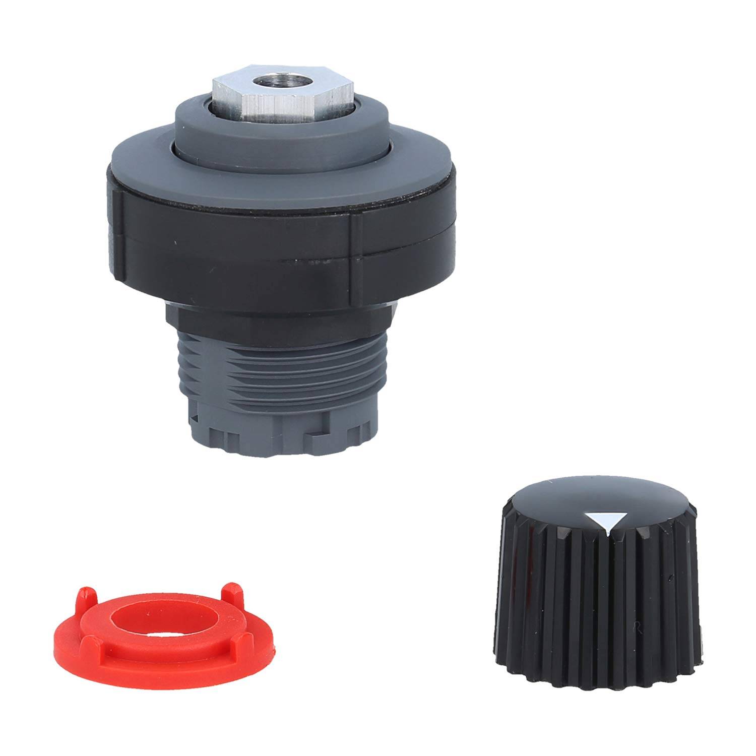 Ein schwarzer Kunststoff-Drehknopf, eine rote kreisförmige Unterlegscheibe und eine schwarze Schraubkappe, wahrscheinlich Teile für den Zusammenbau oder die Einstellung eines Geräts.