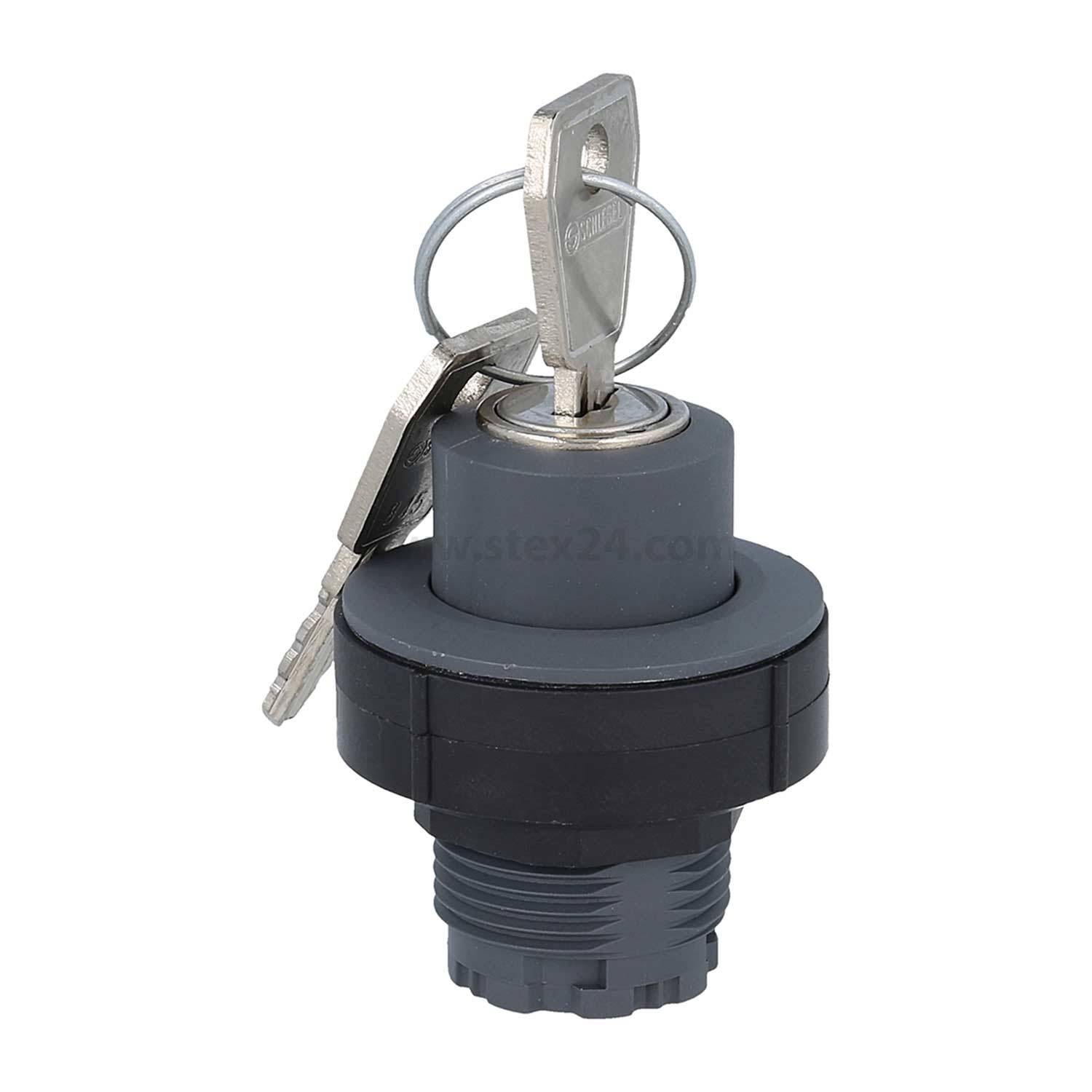 Ein Schlüssel, der in einen grauen und schwarzen industriellen Schließzylinder eingeführt wird, vor einem einfarbigen weißen Hintergrund.