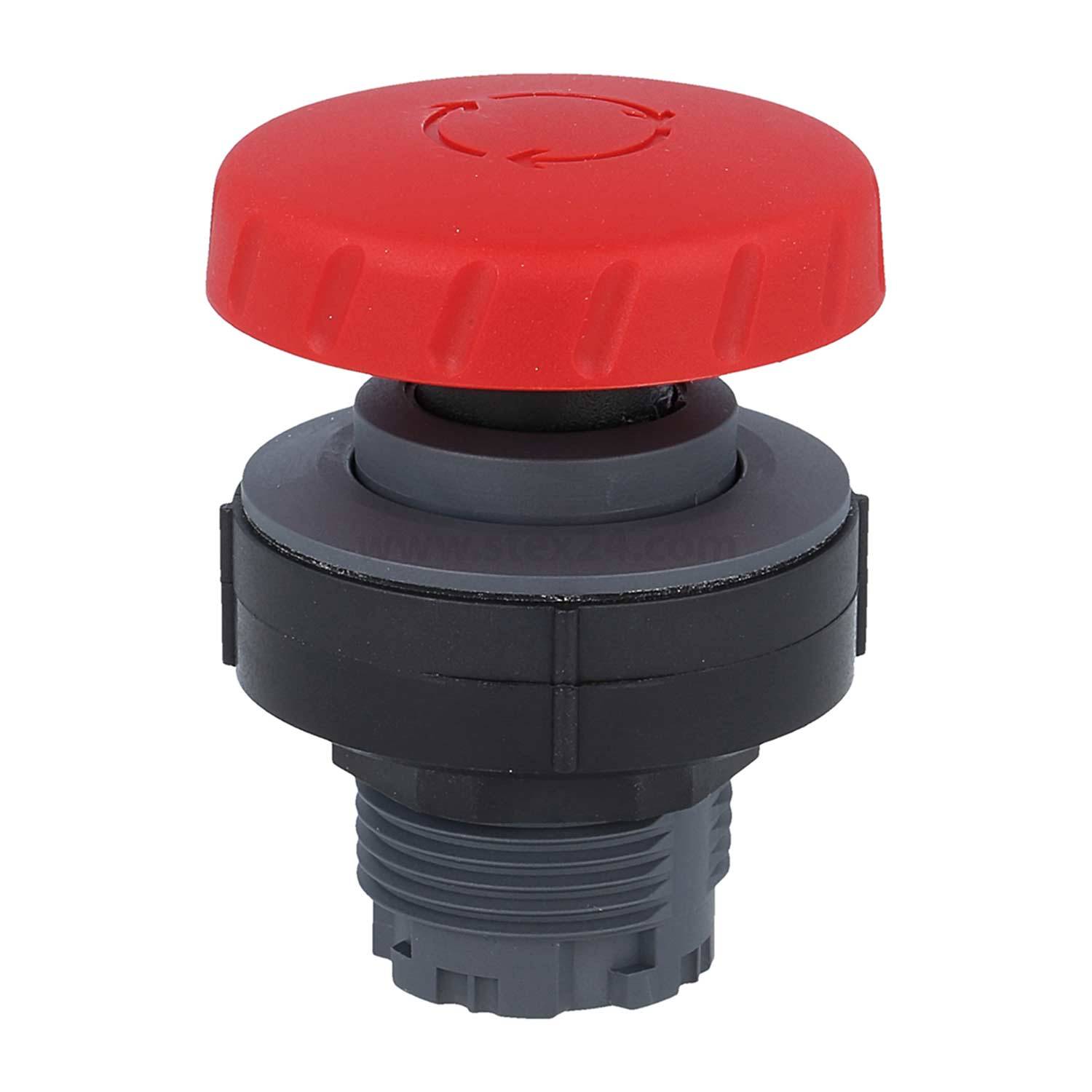 Roter Not-Aus-Knopf mit einer kreisförmigen Gestaltung, der zum schnellen Anhalten von Maschinen oder Prozessen in kritischen Situationen verwendet wird.