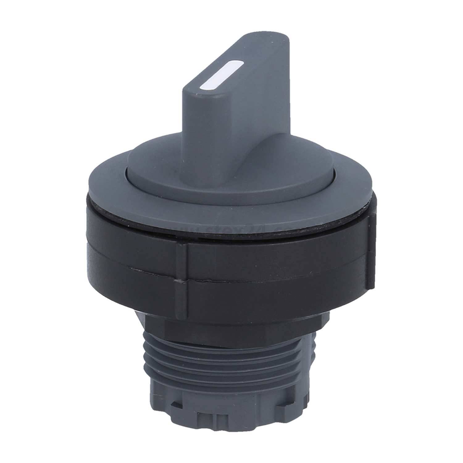 Ein schwarzer Plastik-Drehknopf mit einem grauen, vertikal ausgerichteten Griff, der zum Einstellen von Einstellungen an elektronischen Geräten verwendet wird.