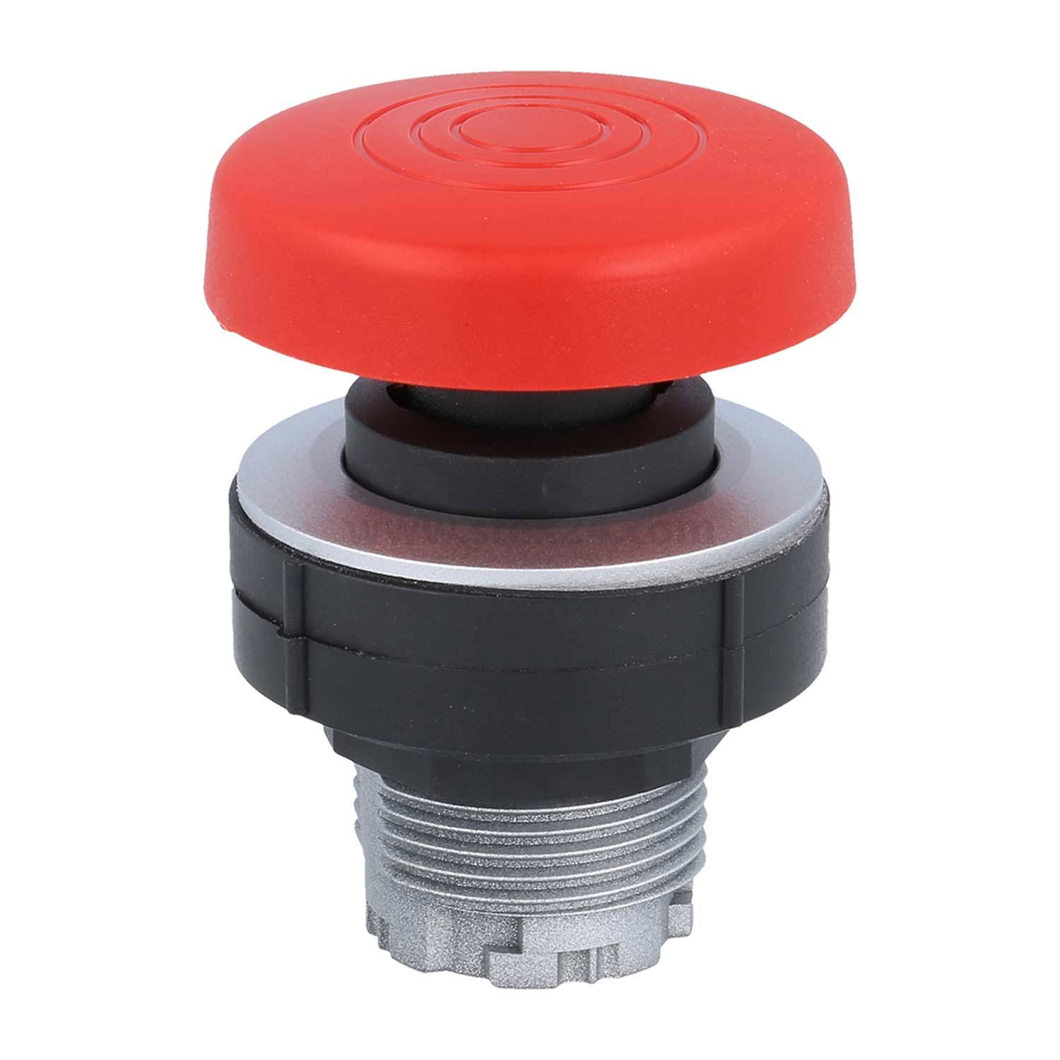 Roter Not-Aus-Knopf mit runder Form, erhabener Profilierung und metallischer Basis, konzipiert für Sicherheits- oder Maschinensteuerungsanwendungen.