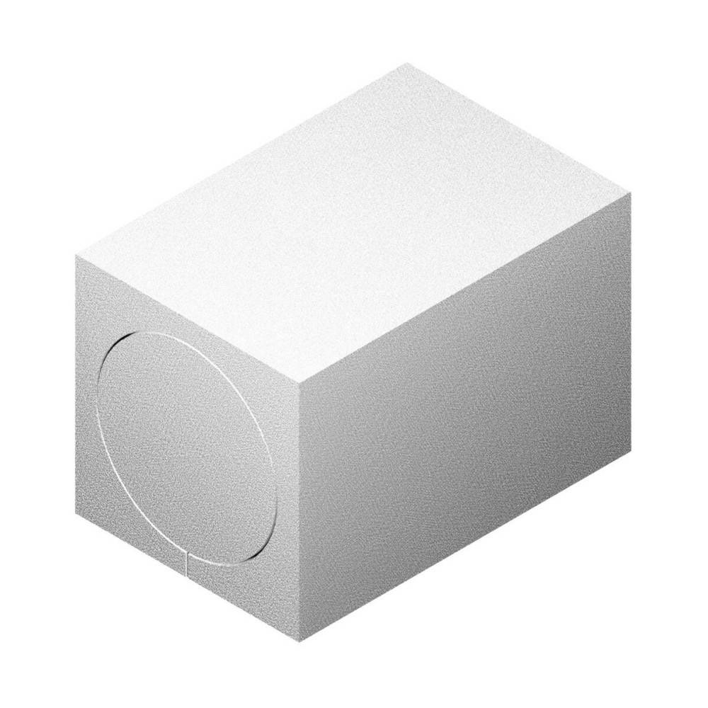 Weißer rechteckiger 3D-Kasten mit einer kreisförmigen Kontur auf der Vorderseite, in isometrischer Ansicht auf einem einfachen Hintergrund dargestellt.