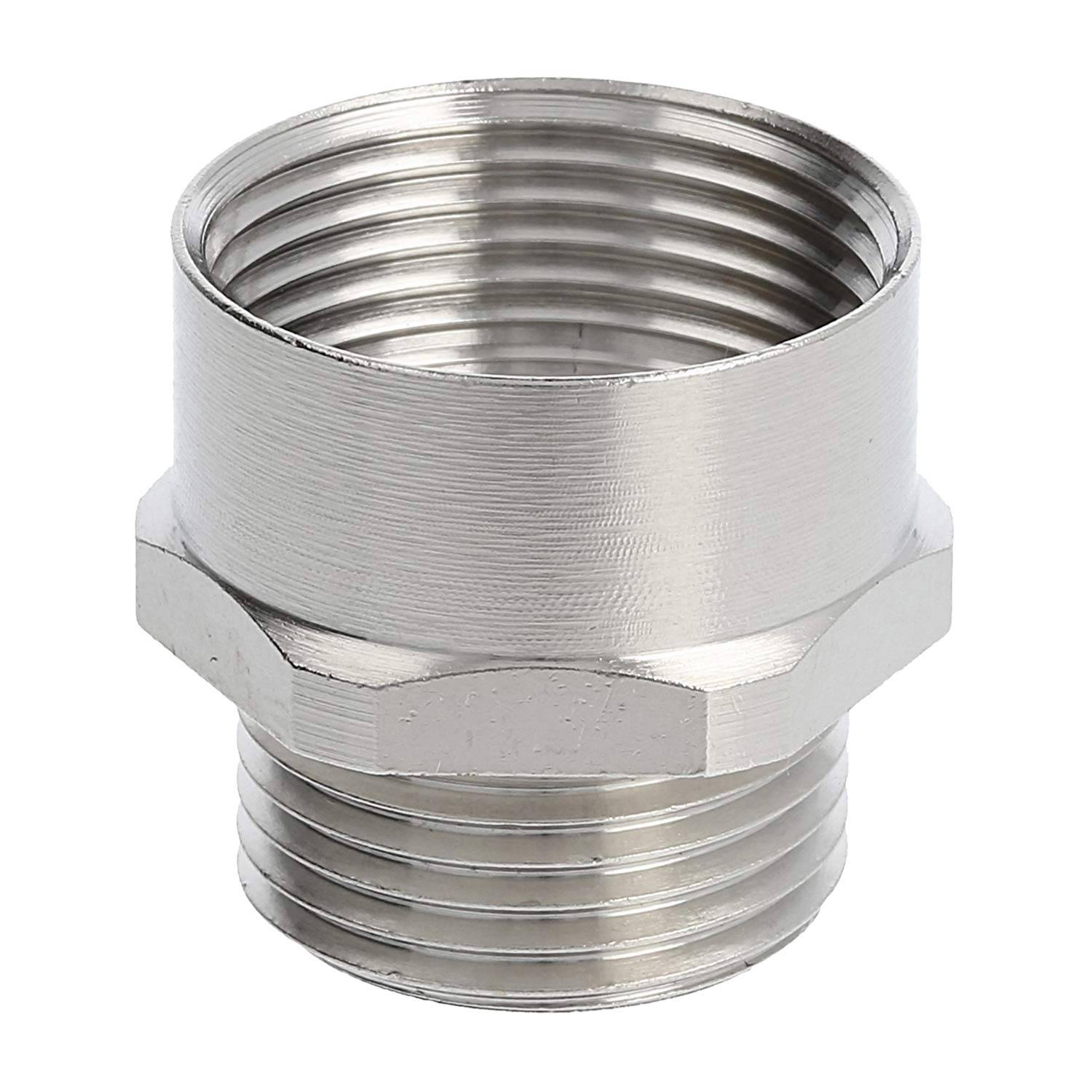 Ein silberfarbener Metallrohrverbinder mit Außengewinde auf beiden Enden, der zum Verbinden von Rohrleitungskomponenten verwendet wird.