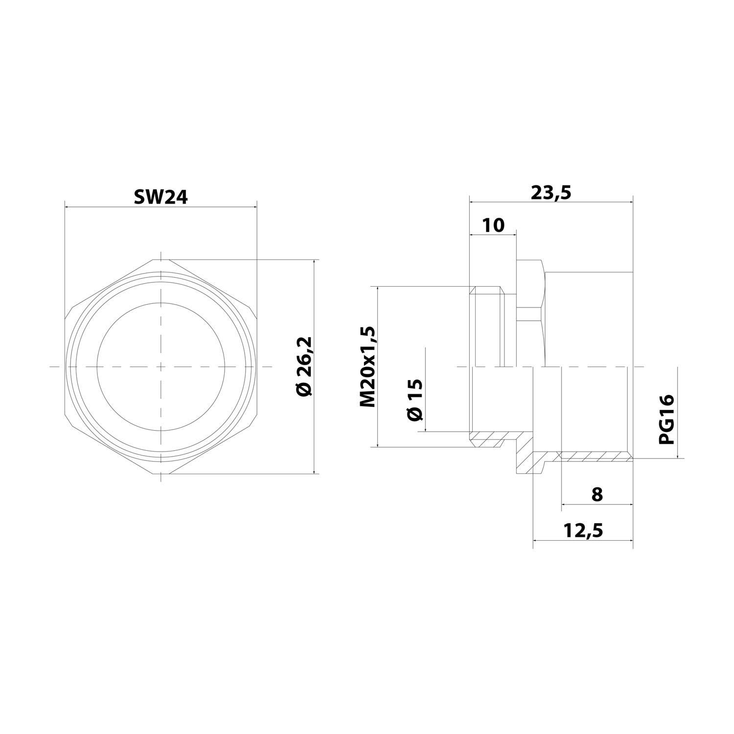 Technische Zeichnung einer sechskantigen Mutter und einer Gewindebefestigung. Die Abmessungen umfassen SW24, Ø26,2, M20x1,5, Ø15, PG16, mit verschiedenen angegebenen Längen.