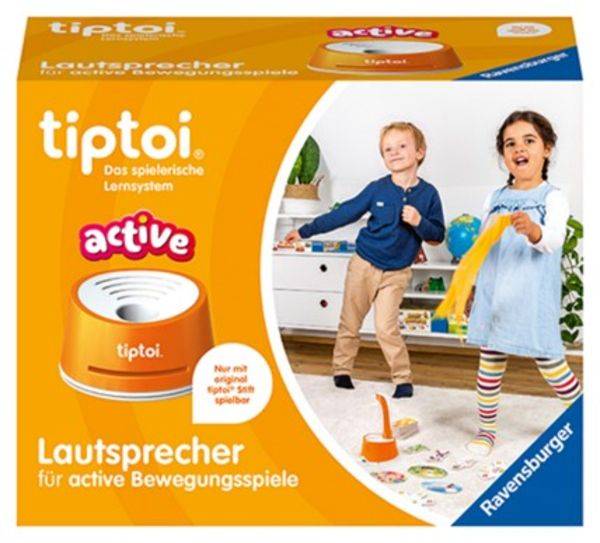 Orange tiptoi Active Lautsprecherbox mit zwei spielenden Kindern; deutscher Text liest „Lautsprecher für active Bewegungsspiele