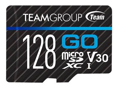 TeamGroup 128GB microSDXC-Speicherkarte, V30-Geschwindigkeitsklasse, mit Team-Logo und 128 Go-Beschriftung auf schwarz gestreiftem Hintergrund