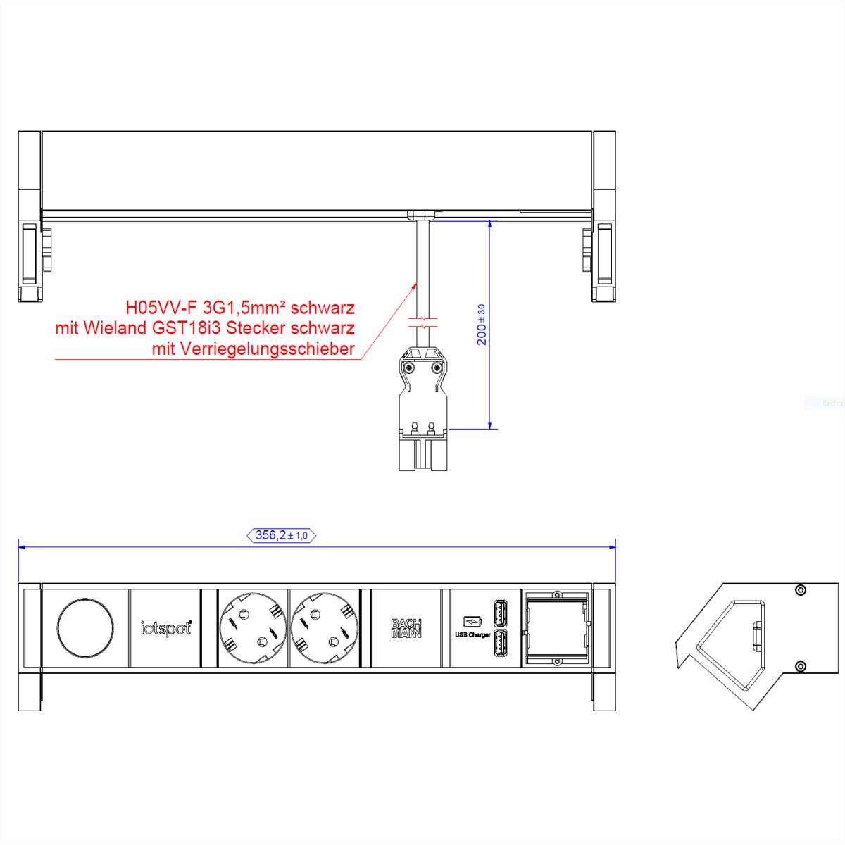 BACHMANN DESK2 1xIOTspot 2xSchutzkontakt, USB Charger 1xABD 0,2m GST18, inox